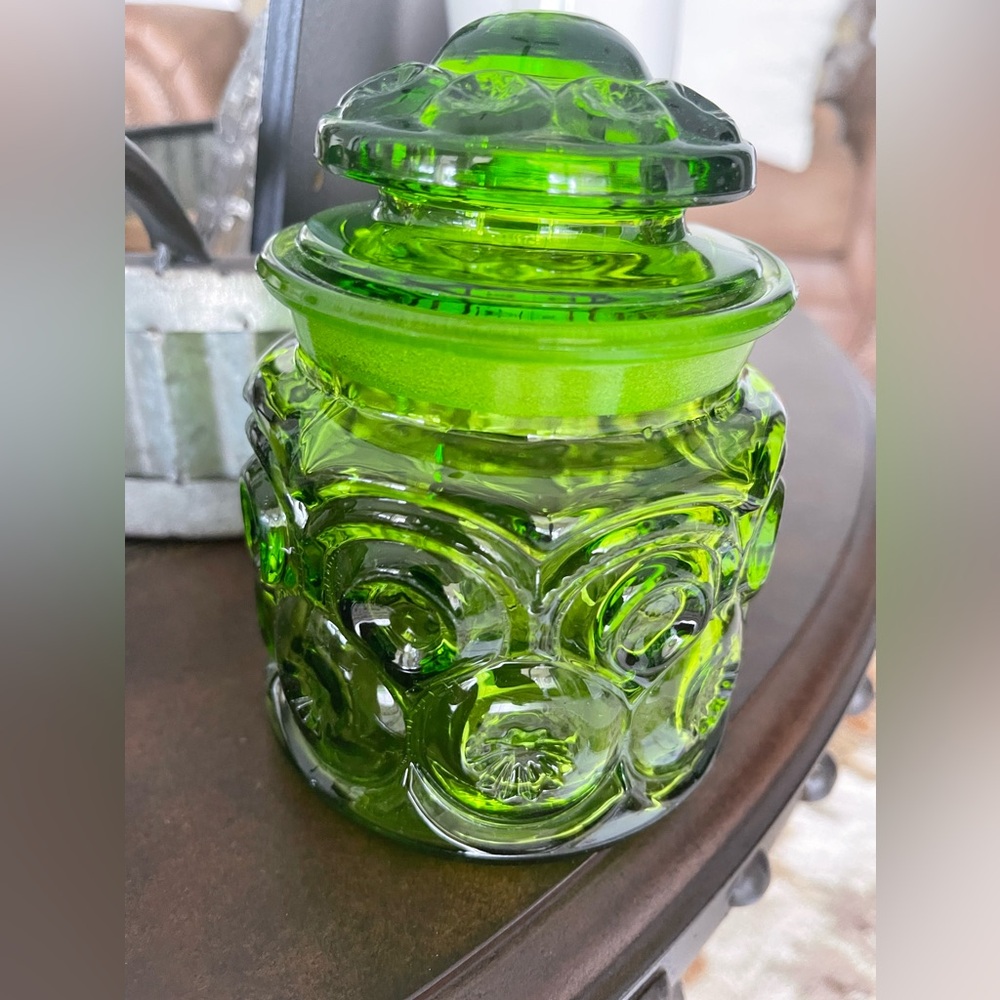 Vintage L.E. Smith Green Glass Moon & Stars Canister